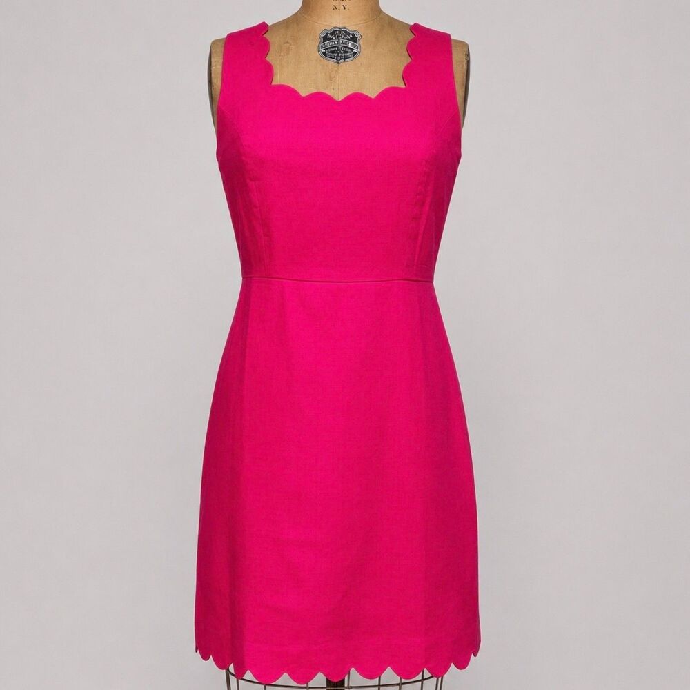 J. Crew Scallop Trim Hot Pink Fit Flare Dress Sleeveless Cotton Size 2 NWT